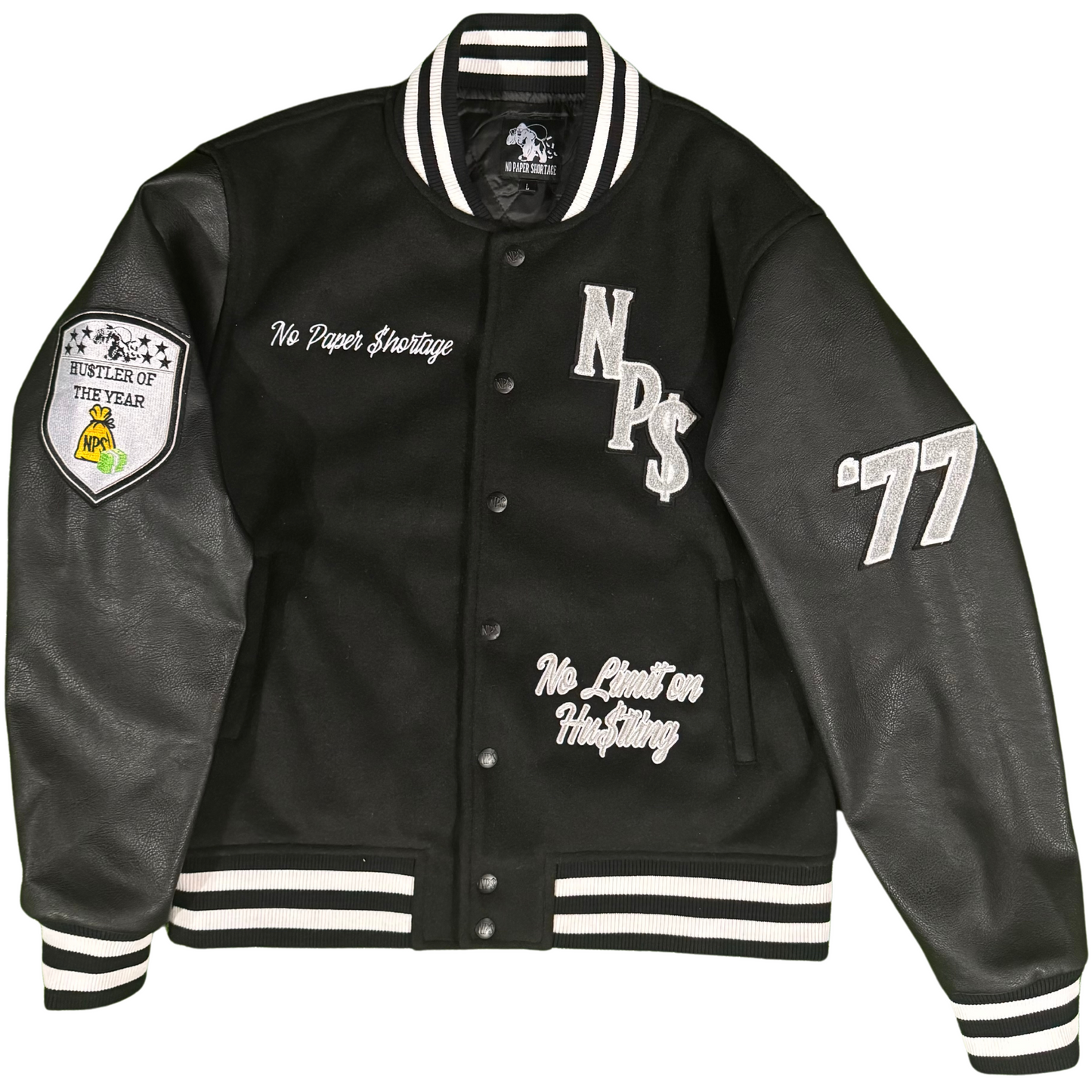 NP$ “No Limit on Hu$tling” Varsity Jacket (Black & Red Pre-Order)